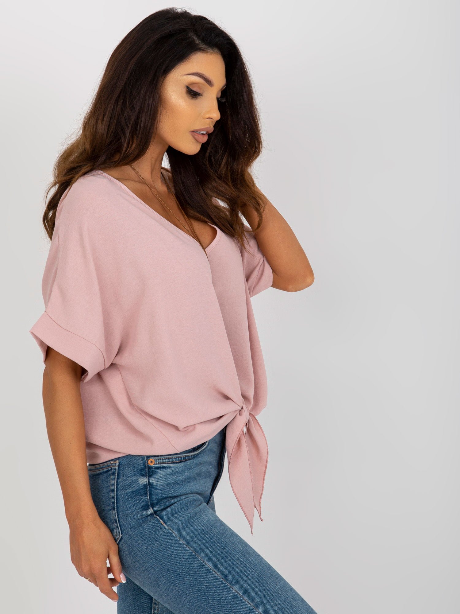 Bluză Scurtă Roz Deschis, Casual, Cu Decolteu În V Marime Universala - imagine 3