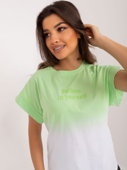 Tricou din bumbac verde deschis ombre cu inscriptie